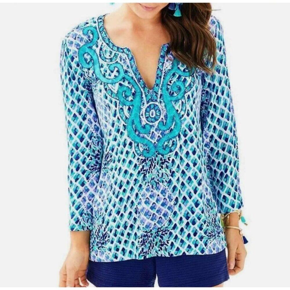 LILLY PULITZER AMELIA ISLAND TUNIC Preppy Bedazzled Long Sleeve Top Women's Size
